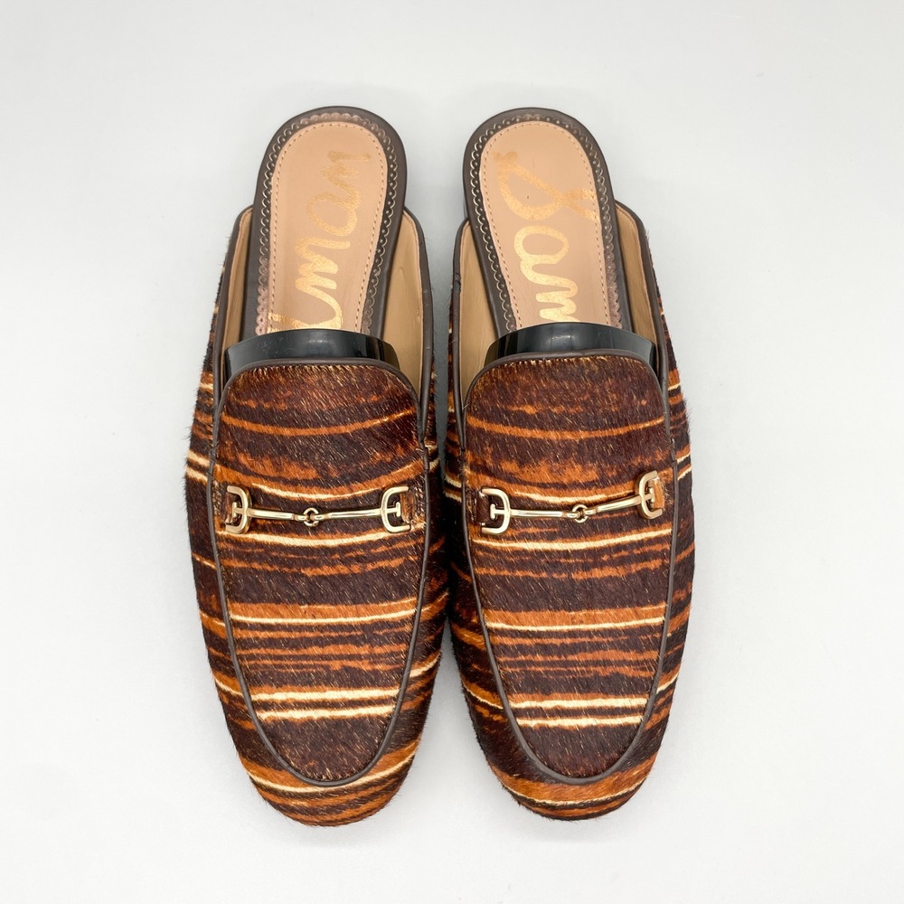 Sam Edelman Linnie Bit Mules Women Tiger Calf Hair Brown Tan 7.5M Loafers Preppy